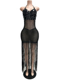 Sexy Cutout Crochet Beach Dress 2026 Summer Women One Shoulder Backless Knitted Sequined Fringe Tassel Midi Dress Clubwear