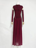 Solid Slim Fit Maxi Dress Elegant O-neck Detachable Long Sleeves Party Dress New Temperament Pleated Women Maxi Dresses