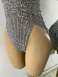 Sexy Mesh See Through Bodysuit Women Glitter Rhinestones Tassel Sleeveless Performance Dance Costume Nightclub Bar Stage Wear