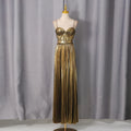 Gold Pleated Maxi Gala Dresses for Women Sleeveless High Waist Patchwork Sashes Spaghetti Strap Luxury Runway Dress Female