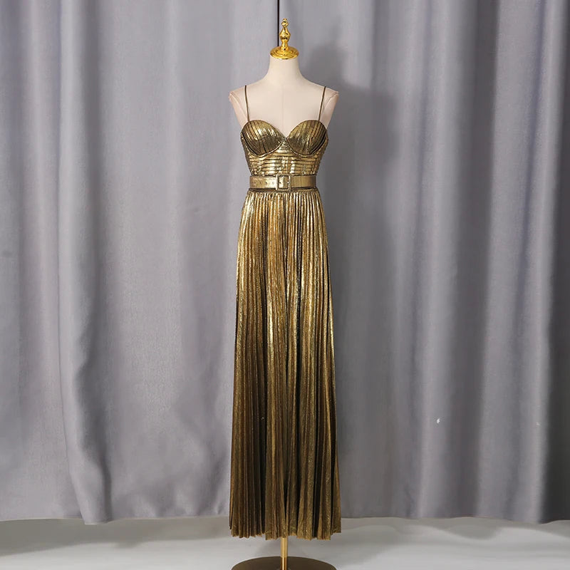 Gold Pleated Maxi Gala Dresses for Women Sleeveless High Waist Patchwork Sashes Spaghetti Strap Luxury Runway Dress Female