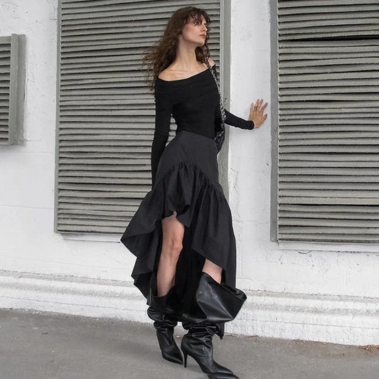 Commuting Black Ruffled Skirt For Women Asymmetric High Waist A-line Skirt Fashion Splice Female Casual Skirt Streetwear
