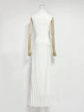 Sexy Stand Collar Flowers Pleated Patchwork Long Dress Women Sleeveless Folds Slim Elegant Dresses Evening Party Gowns
