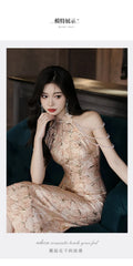 New Chinese Style Dress Halter Beads Qipao Sexy Evening Banquet Gown Women Sleeveless Robe De Soiree Bride Wedding Vestidos