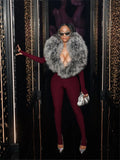 Furry Deep V-Neck Jumpsuits Woman Hipster Patchwork Trend Sexy Stretch Fitness Club Activity Luxury Midnight Overalls