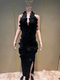 Elegant 3D Flower Applique Halter Maxi Dress Sexy Off Shoulder Backless Ruffled Bodycon Bandage Celebrity Evening Party Gowns