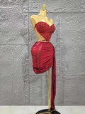 Glamorous Sparkly Red Diamonds Sexy Tops Skirt 2 PCS Set 2025 Women Celebrate Party Birthday NightClub Performance Stage Outfit