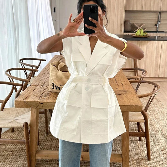Summer Sleeveless Work Shirt Multi-Pocket Belted Loose Top For Women Lapel Collar Button Fashion Solid Color Cardigan Top