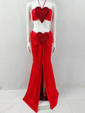 Splicing Love Halter Crop Top & Long Skirt Two Piece Set Sexy Fashion Evening Christmas Party Women's Outfit