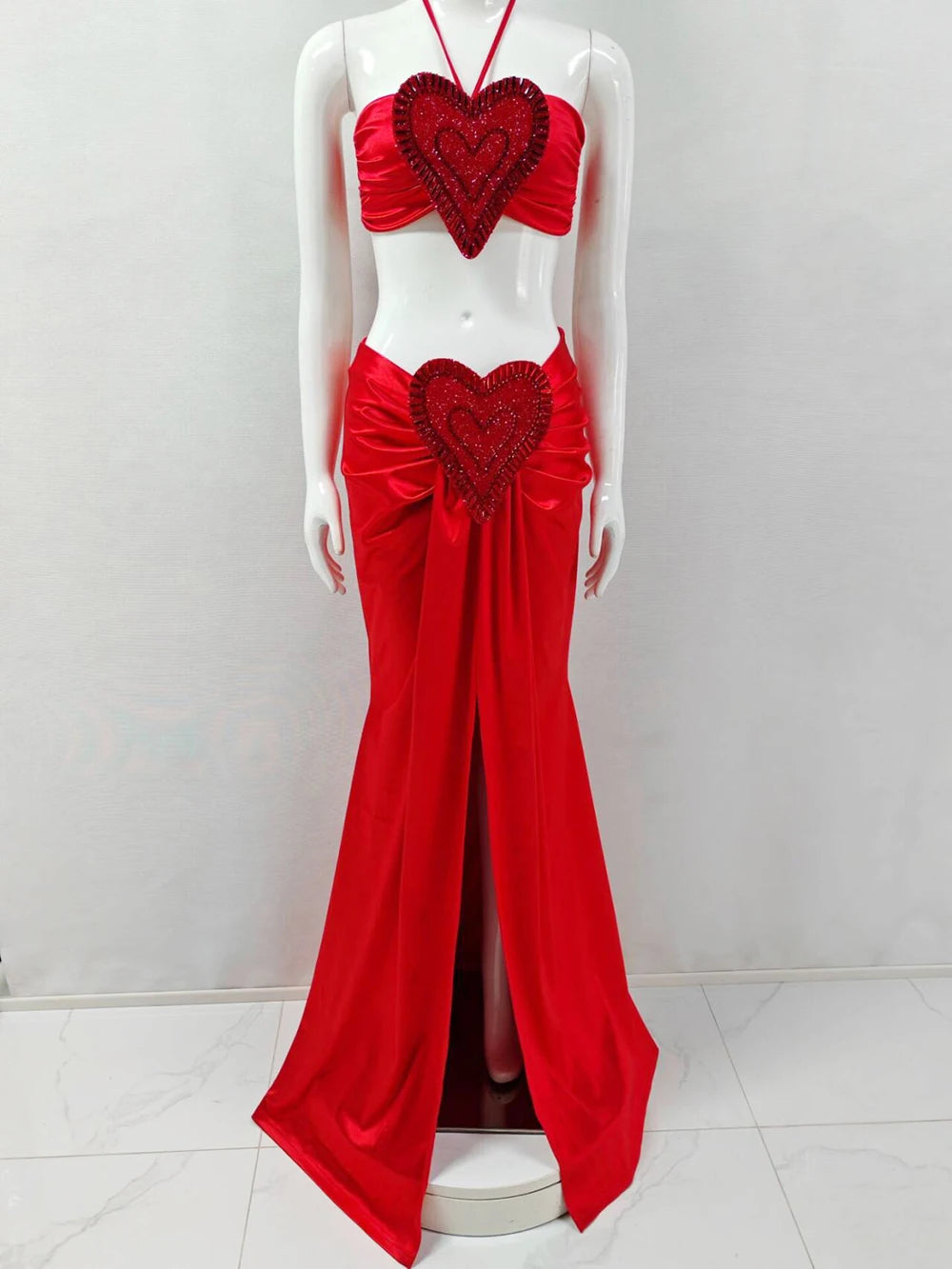 Splicing Love Halter Crop Top & Long Skirt Two Piece Set Sexy Fashion Evening Christmas Party Women's Outfit