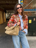 Women Floral Jacquard Contrasting Trim Blazer Lapel Collar Waist-cinching Single-breasted Jacket Autumn Lady Chic Coats 2026 New