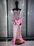 Skyblue Pink Women Sexy Strapless Shining Rhinestones Mesh Bodycon Mermaid Dress Celebrate Birthday Party Cocktail Outfit