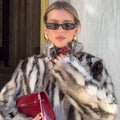Brand Designer Zebra Strip Print Faux Fur Jacket Women Autumn Winter Stand Collar Fox Fur Coat Ins Girls Outerwear