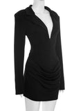 Elegant Office Dress Women Sexy Single-Breasted Hidden Buttons V-Neck Full Sleeve Folds Fashion Commute Bodycon