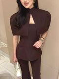 Women Chic Top 2 Piece Set Elegant Stand Collar Cape Sleeveless Slim Off Shoulder Slim Tops Suit Female Chic Casual Party Wear