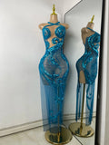 Women Sexy Sparkly Crystal Sequins Sleeveless Mesh See Through High Split Long Birthday Dress Dancer Performance Stage Costume