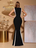 New Sexy Diamond Contrasting Color Tight Draped Bandage Maxi Dress Sleeveless Women'S Wedding Party Formal Dinner Gowns