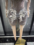 Sparkly Silver Diamond 3D Butterfly Sheer See Through Bodycon Jumpsuit Eveing Party Birthday Bar Nightclub Sexy Stage Costumes
