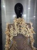 Sparkly Rhinestone Sequins Sexy Strapless Mesh See Through Mini Dress Women Eveing Party Birthday Nightclub Singer Stage Costume