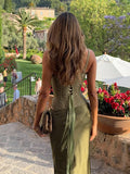 Elegant Green Skirt Set For Women Chic Fishbone Sleeveless Backless Lace Up Vest Satin Long Skirt Lady Evening Party Outfit