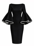 Women's Slim O-neck Midi Dress for Women Flared Sleeves Bodycon Dress 2026 Stylish Contrast Trims Elegant Party Dress
