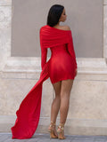 Sexy Christmas Dress Women Ruched Elegant Ribbon Irregular Full Sleeve Evening Skew Collar Skinny Peach Hip Bodycon