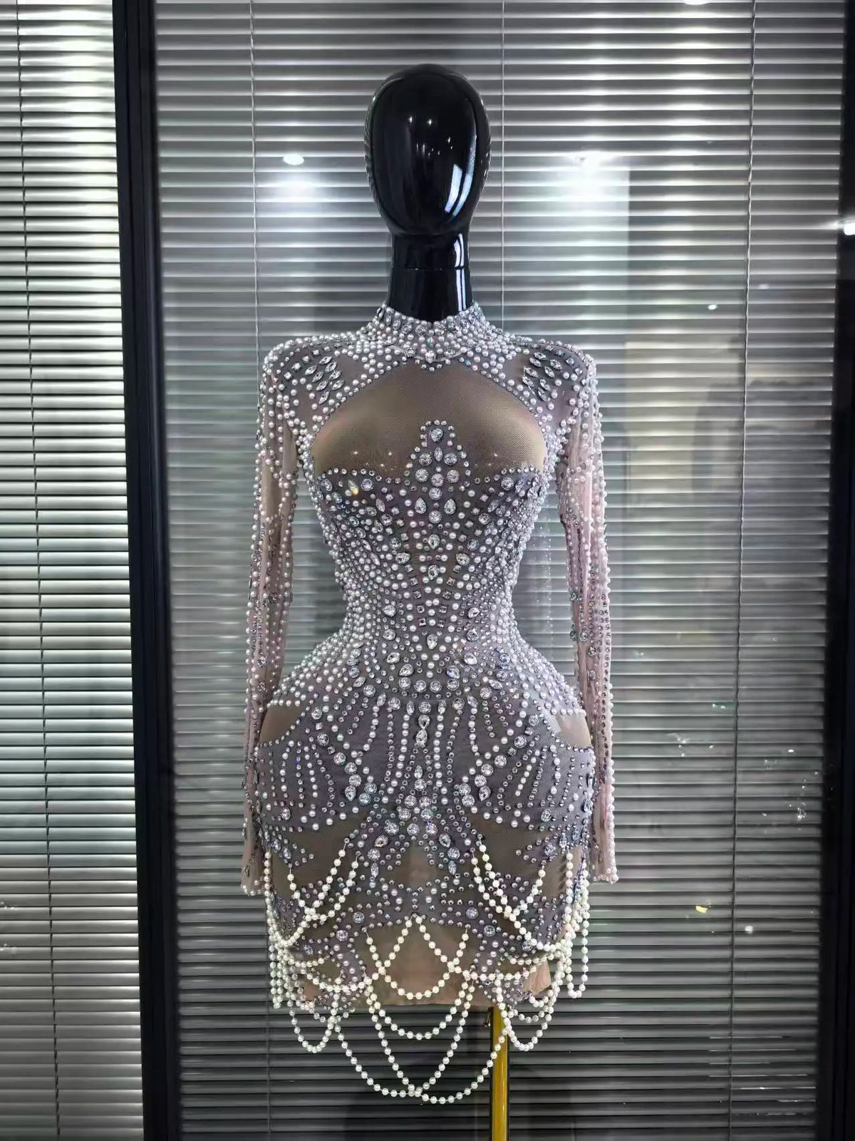 Sexy Pearl Full Diamond Hollow Dress Nightclub Bar Dj Gogo Dancers Stage Dress Female Singer Stage Performance Costume