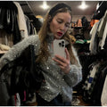Women's Chic Sequin Knitted Cardigan Solid Stand Neck Double Zipper Sweater Oversized Knitwear Winter Female Elegant Cardigans