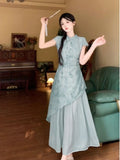 Summer Dress Short Sleeved Dreen Women's Cheongsam Qipao Traditional Improved Slim A-line Long Dress Irregular High-end Elegant
