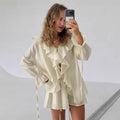 New Casual Shorts Two-piece Set Women's Ruffled Loose Tie Top Simple Shorts Set Office Lady Summer Female Shorts Set