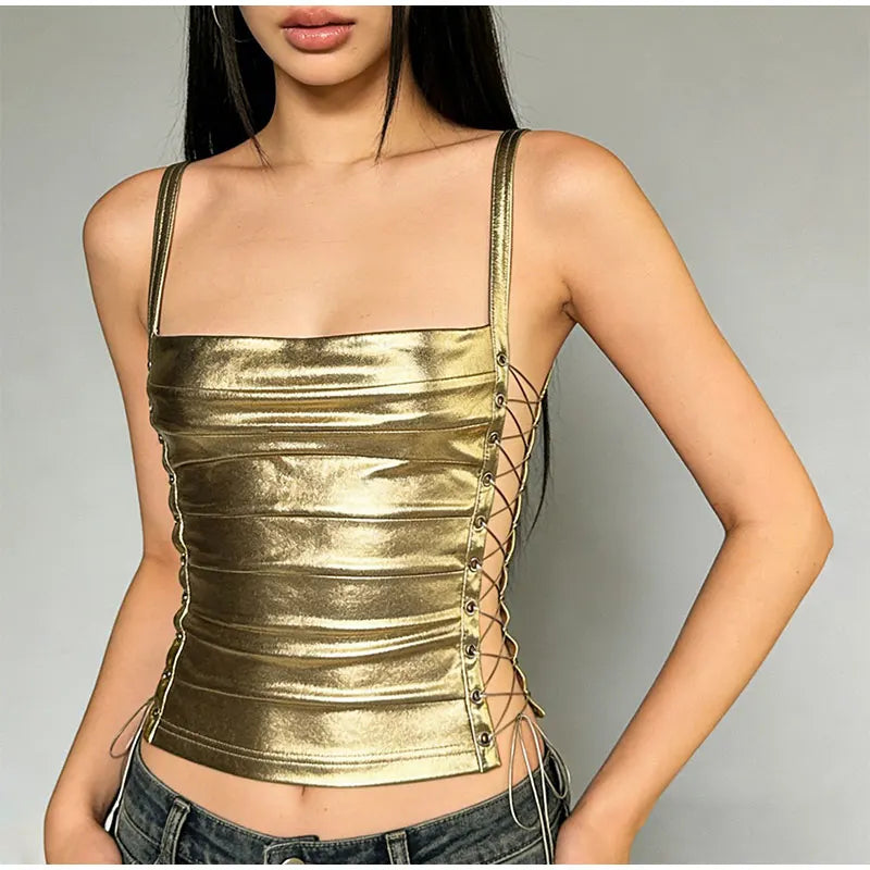 Sexy Bandage Hollow Out Women's Sling Top Slim Sleeveless Backless Pleated Female Vest 2026 Summer Beach Holiday All-match Vests