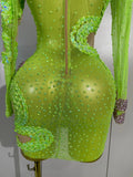 New Sexy Sparkly Diamonds Sequin Long Sleeves Mesh Transparent Mini Dress Eveing Party Nightclub Bar Stage Phootshoot Outfits