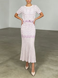 Elegant Two Piece Set For Women Multi Color Hollow Wave Knit Short Sleeve Crew Neck Scallop Hem Maxi Skirt For Daily Commute