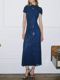 Elegant Business Style Purple Sparkle Gown for Women Asymmetrical Neck Short Sleeves Ruched Waist Skirt for Wedding Toasts