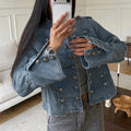 Cropped Denim Jacket Women Stand Collar Bell Sleeves Double Breasted Splicing Retro Fashion Biker-Style Coat Autumn 2026