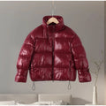 Stand Neck Glossy Surface Padded Cotton Short Coat Women Full Sleeve Thicken Pockets Jackets Coat Female Winter Chic Streetwear