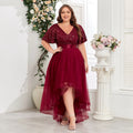Women Elegant V-neck Ruffle Short Sleeve Evening Dress A-Line Fluffy Gauze Irregular Party Dress Formal High-Low Vestidos