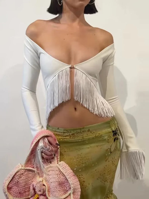 Sexy Solid Women Top Deep V Neck Fringe Irregular Hem Long Sleeve Off Shoulder Crop Tops 2026 Summer Fashion Chic Party Outfits