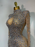 Women Sparkly Diamonds Mesh See Through Bodycon Dress Evening Birthday Party Sexy Nightclub Bar Stage Costume