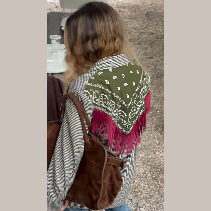 Women Bandana Print Blazer Jacket Triangle Scarf Tassel Fringe Back Loose Suit Coat 2026 Fashion Casual Office Lady Chic Jacket