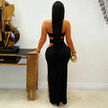 Women Sexy Strapless Cutout Maxi Dress Gold Metal Ring Decor High Waist Side Slit Bodycon Long Dress Clubwear Night Vestido