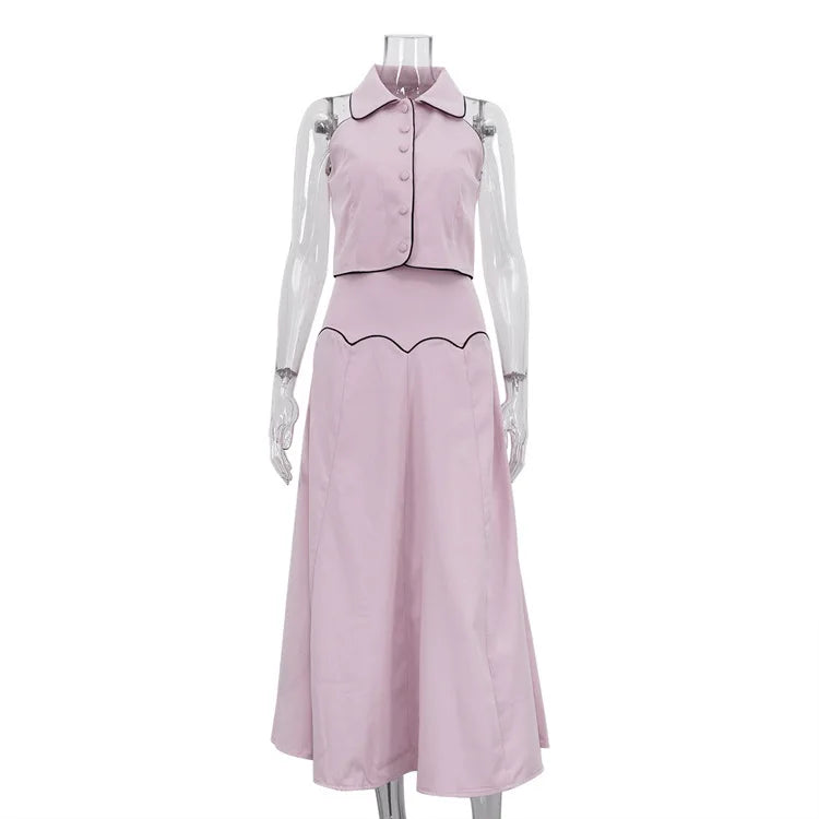 French Elegant Two Piece Set for Women Laple Sleeveless Slimming Cardigan Top High Waist A Line Skirt Suit Female