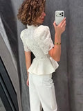 Lace Cutout Peplum Jacket Stand Collar Puff Sleeve Button Front Waist Cinched Outerwear 2026 Summer Fashion Lady Elegant Jacket