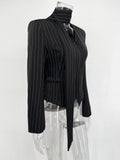 Stripe Tailored Coat For Women Lace Up V Neck Long Sleeves Coat Female Fashion Elegant High-End Formal Tailored Coat