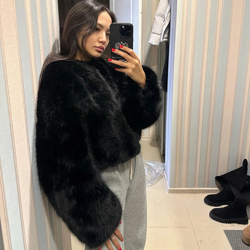 Winter Sweet Pink Cropped Faux Fur Coat Women Streetwear Ins Chic Girls Fluffy Fox Fur Jacket Female