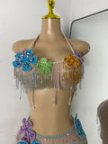 Women Glitter Crop Top Floral Mesh See Through Sets Nightclub Performance Outfit Two Pieces Party Birthday Clothing