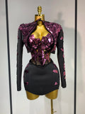Women Long Sleeve Sequin Mini Bodycon Three Piece Set Birthday Evening Party Costume Bar Nightclub Performance Stage Outfit