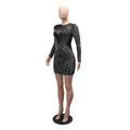 Sexy Mesh Patchwork Bodycon Rhinestone Women Long Sleeve Dress See Through Birthday Party Evening Mini Night Club Dresses