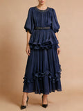 Elegant Chiffon Layered Ruffles Design Dress for Women Short Sleeves Waist Belt Spliced Diamonds Accent for Afternoon Tea