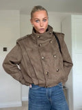 Women Stand Collar Double Breasted Cropped Trench Jacket Long Sleeve Button Cuff Loose Short Outerwear Fashion Street Daily Wear